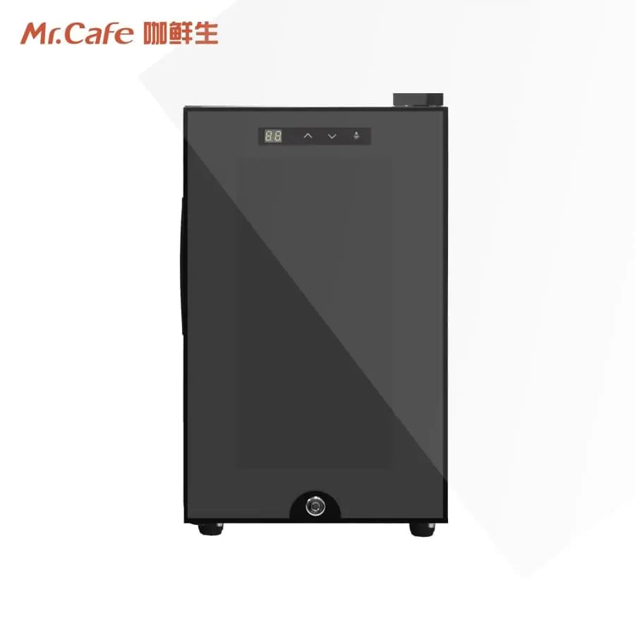 Black refrigerator with digital display on a white background, featuring the Mr.Cafe brand.