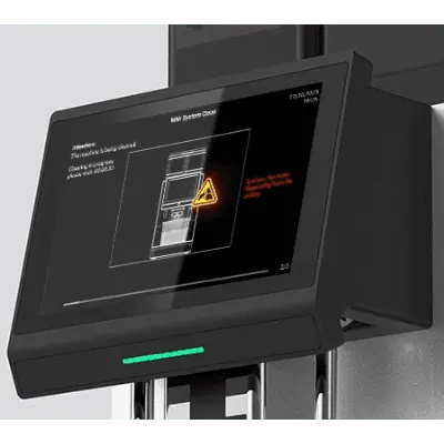 JL38 Touchscreen display on a machine with a warning icon and text.