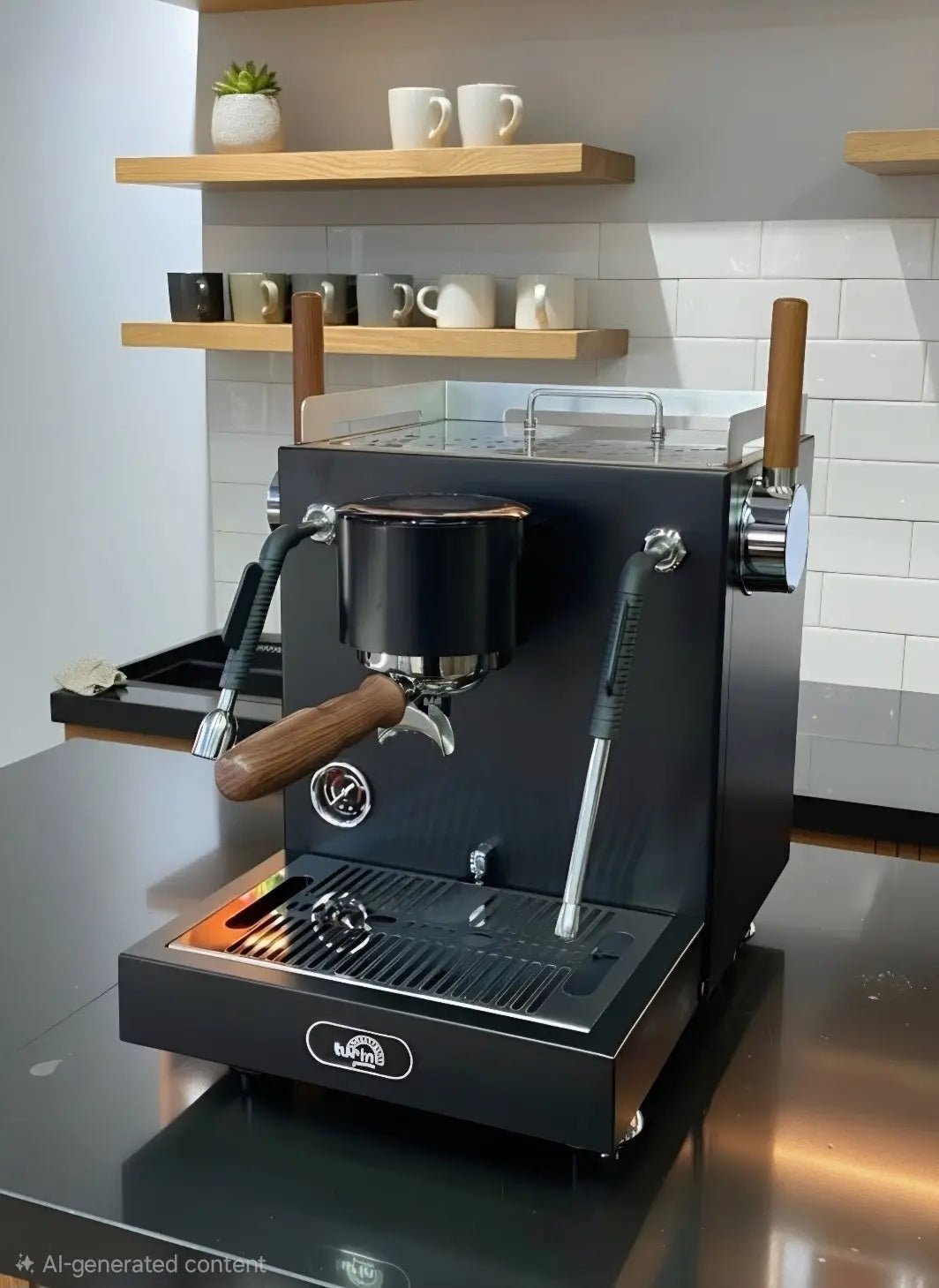 Turin-MC3A black espresso machine with wooden handles and a stainless steel portafilter, set on a dark countertop in a kitchen environment with wooden shelves and white tiles in the background.