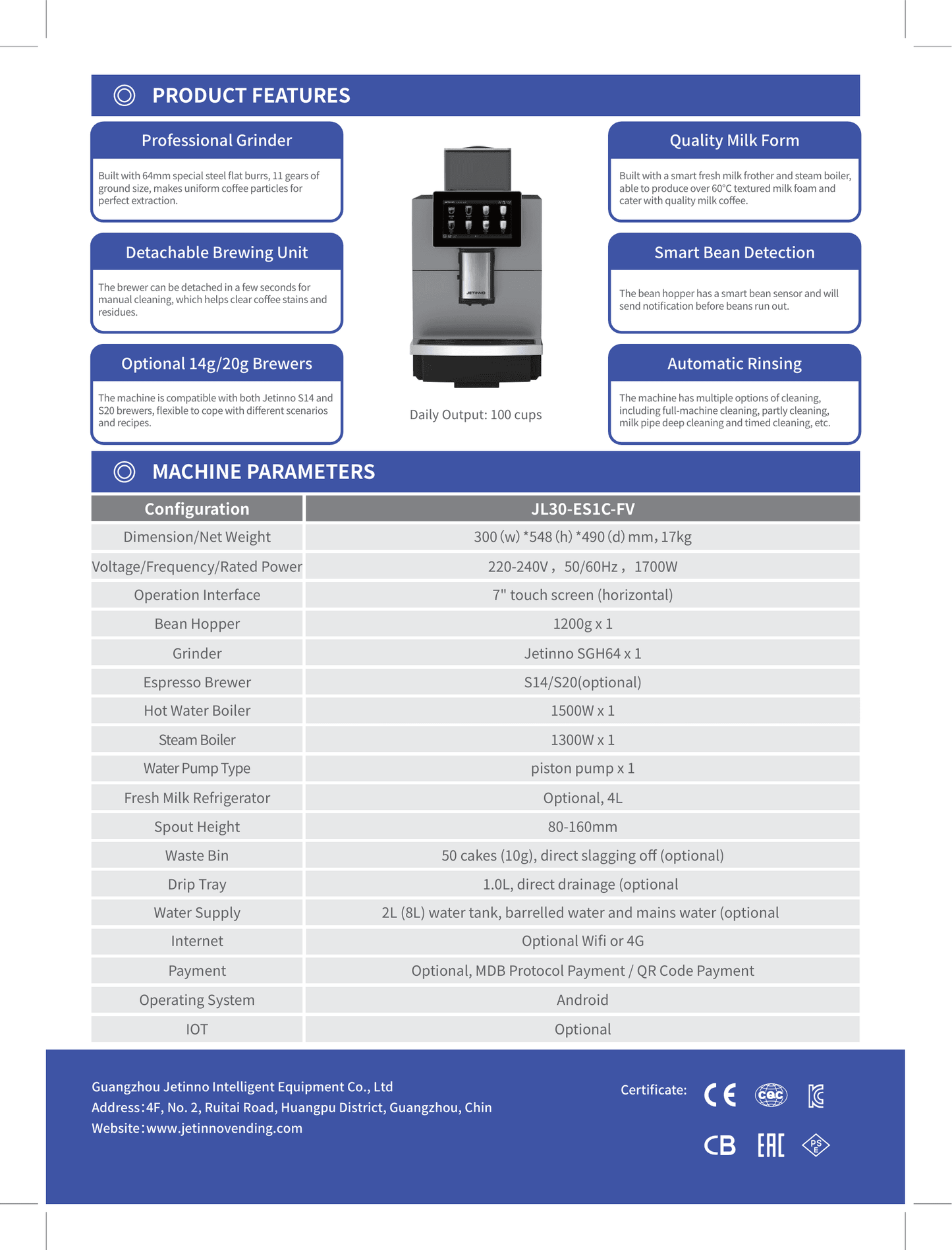 JL 30 Technical specifications of a coffee machine on a blue background