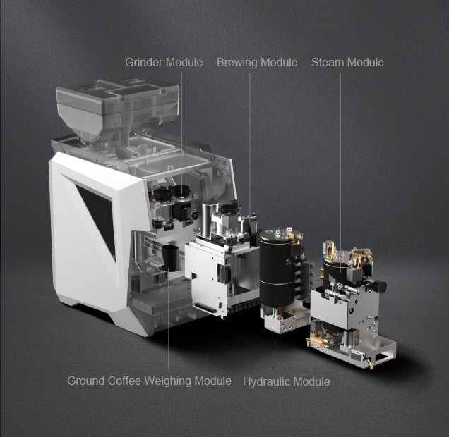 CAYE-SMART-X-Disassembled coffee machine showing individual modules on a dark background
