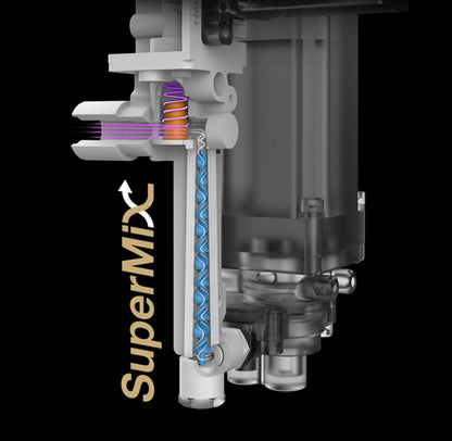 CAYE-SMART-X- Series Close-up of a mechanical device with 'SuperMix' branding on a black background