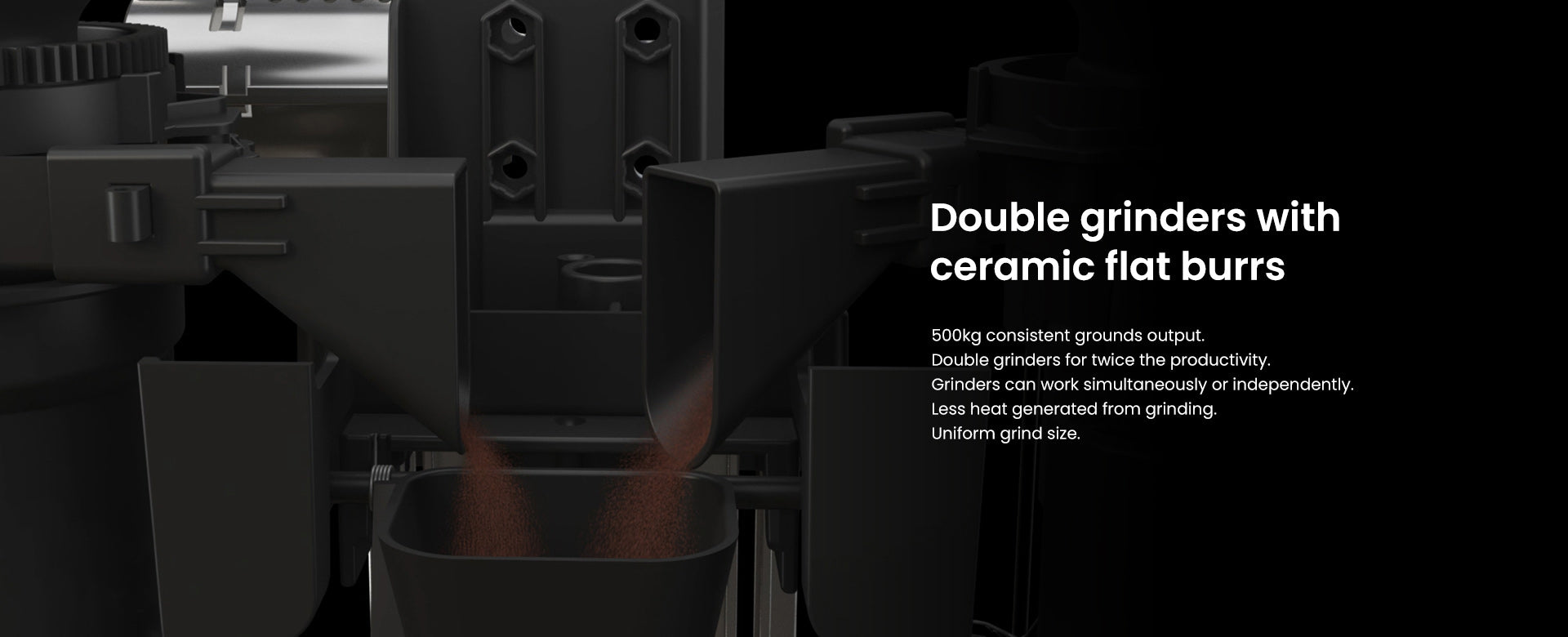 Coffee grinder with text about double grinders and ceramic flat burrs on a black background