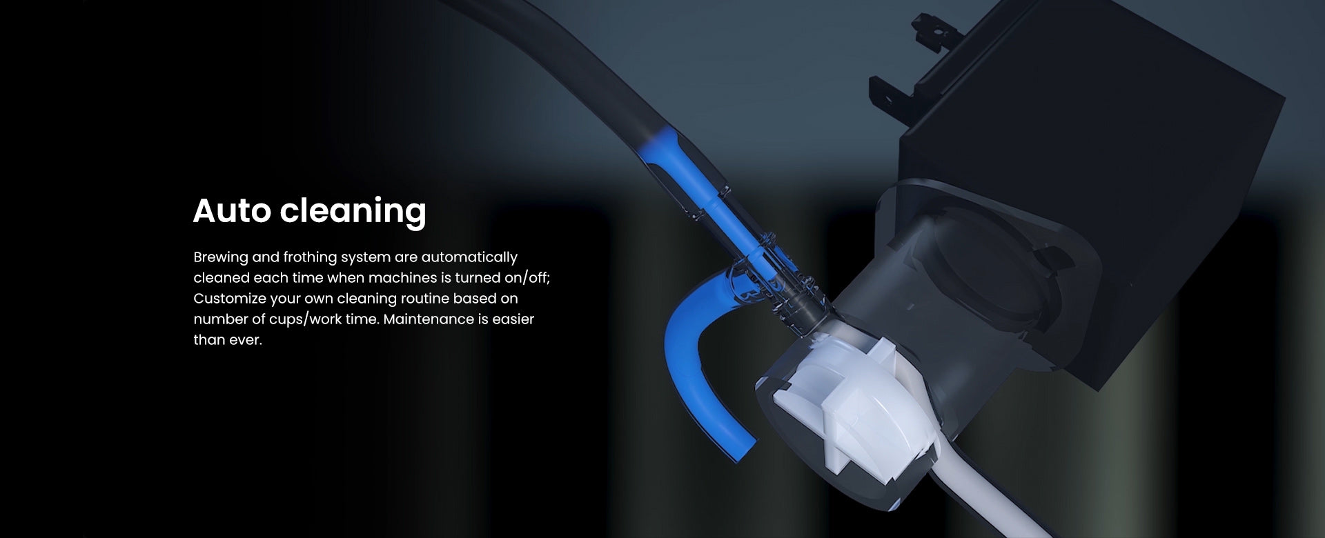 Auto cleaning system of a coffee machine with text on a dark background