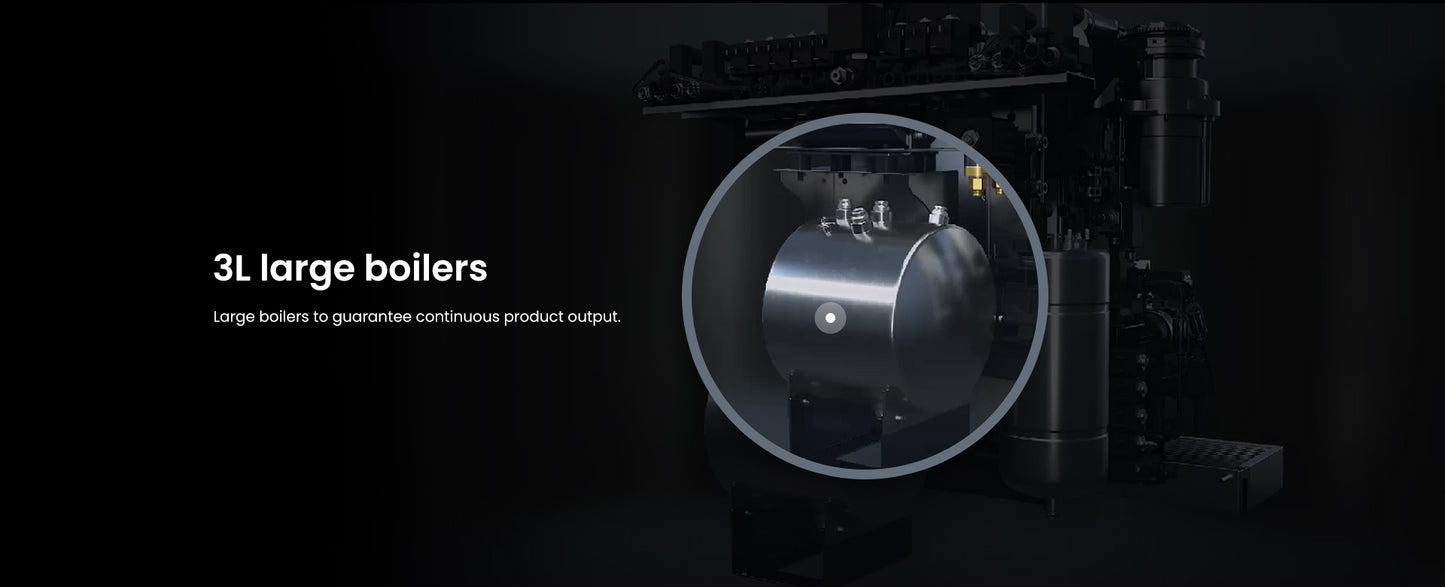 Close-up of a large boiler with text indicating '3L large boilers' on a dark background.