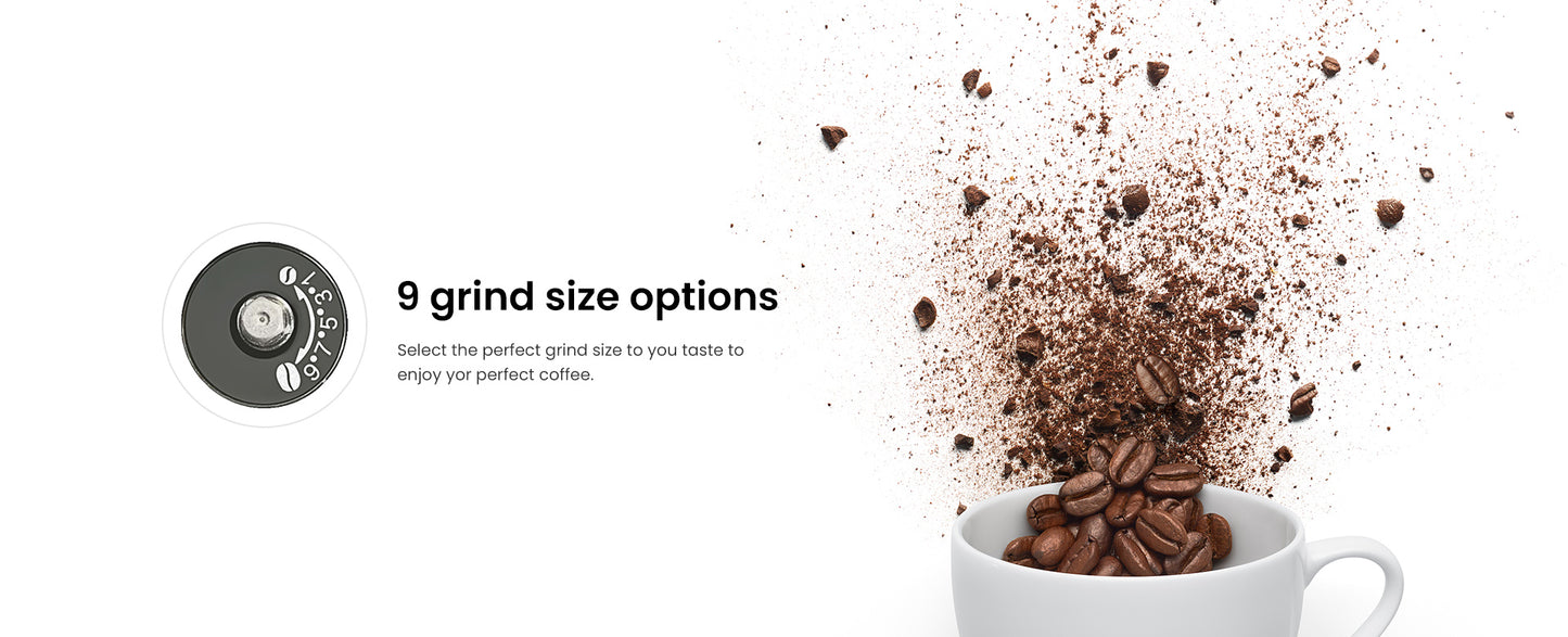 Coffee grinder with coffee beans spilling into a cup on a white background