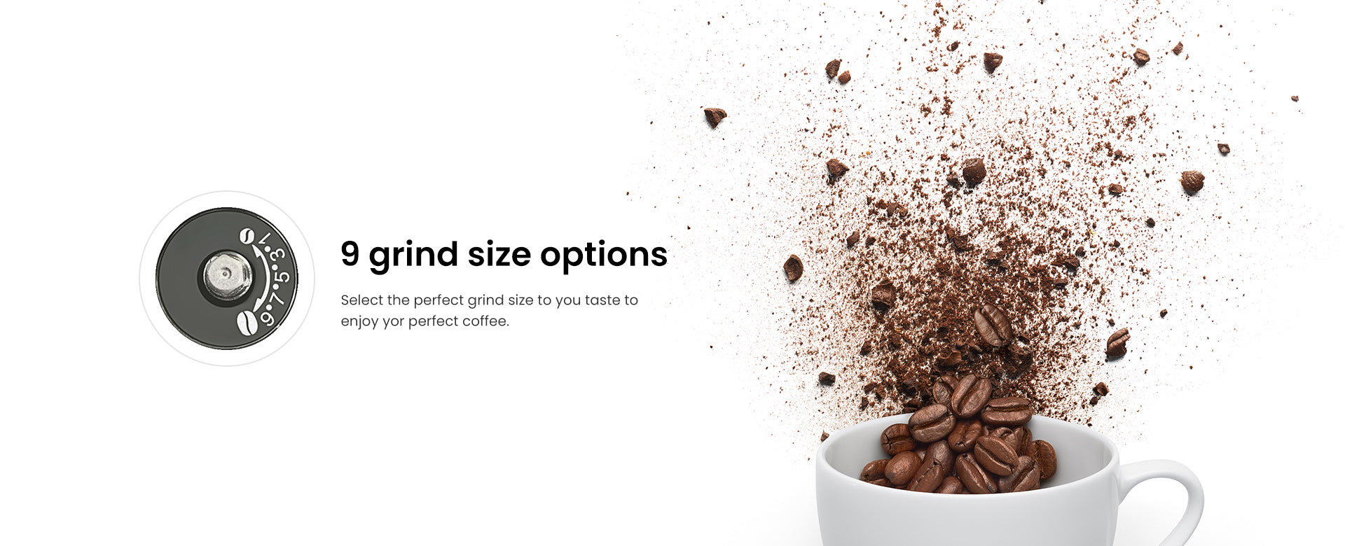 Coffee grinder with coffee beans spilling into a cup on a white background