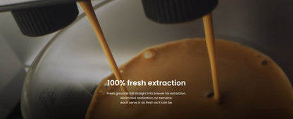 Coffee being poured into a container with text about fresh extraction.