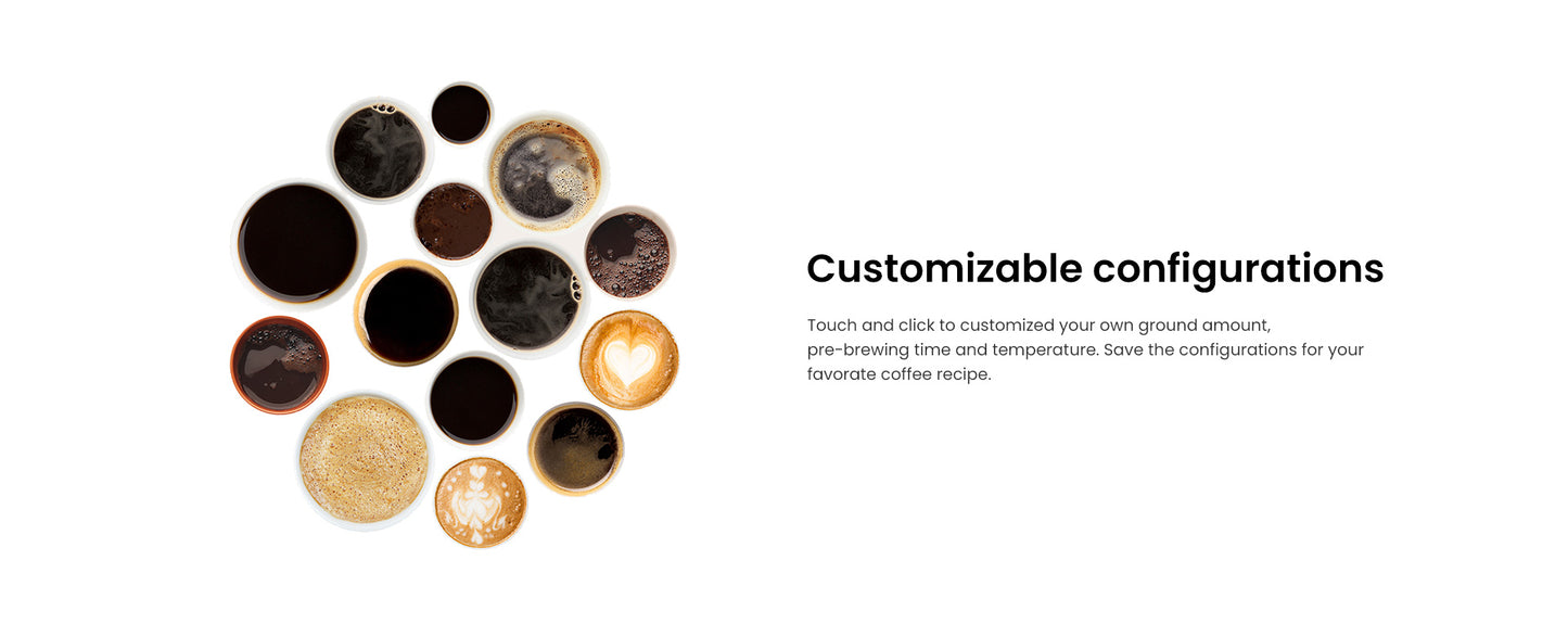 Customizable coffee ground configurations on a white background with text.