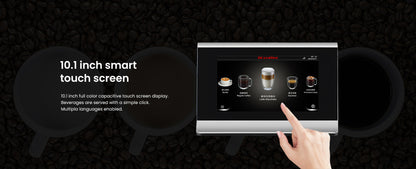 10.1 inch smart touch screen display with beverage options on a dark background