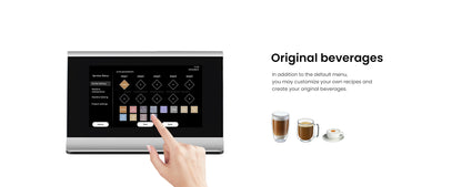 Touchscreen interface for beverage selection with hand pointing at options, accompanied by images of coffee cups.