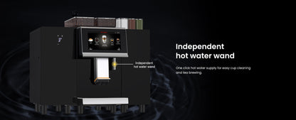 Black coffee machine with hot water wand on a dark background