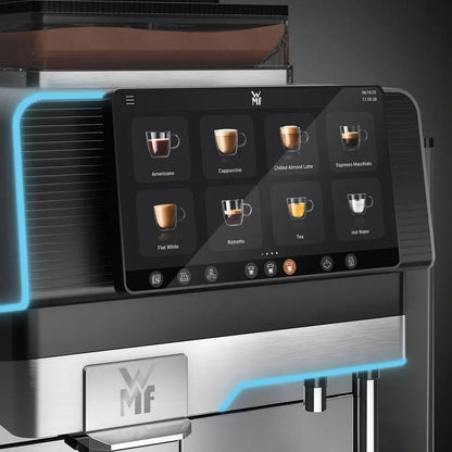 WMF Elevation 10 Coffee machine with a digital display showing various coffee options, featuring the WMF brand. - Sip N Smile