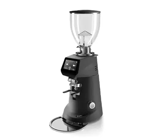 A black electric coffee grinder with a clear hopper, digital touch screen, and silver metal components, shown on a solid white background.