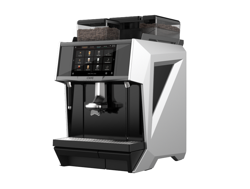 CAYE-SMART-X-dimensions Coffee machine with digital display on a dark background