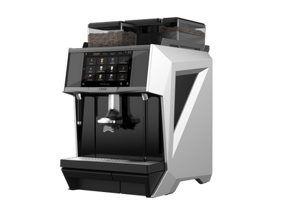 CAYE-SMART-X-dimensions Coffee machine with digital display on a dark background