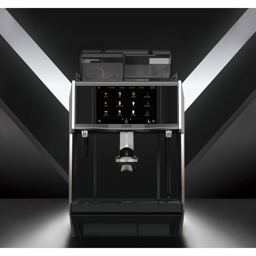 Caye Smart X Black coffee machine with digital display on a dark background