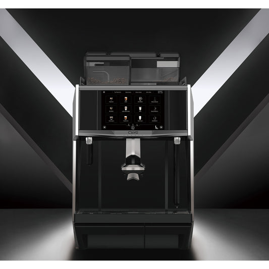 Caye Smart X Black coffee machine with digital display on a dark background