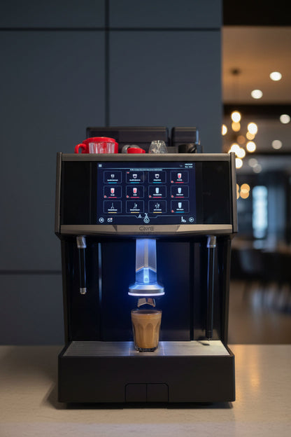 Caye Smart X Modern coffee machine with a digital display on a blurred background