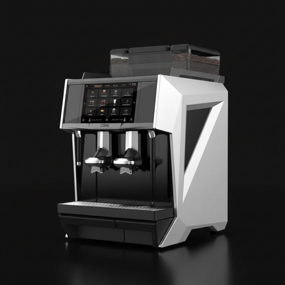 Caye X Master Coffee machine with a digital display on a black background
