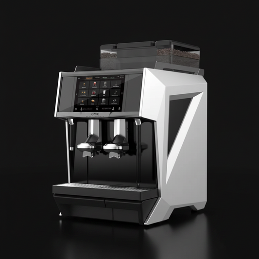 Caye X Master Coffee machine with a digital display on a black background