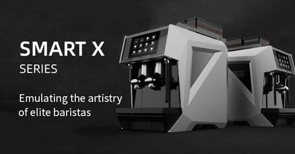 Caye X Two coffee machines labeled 'SMART X SERIES' on a dark background with text about emulating elite baristas.