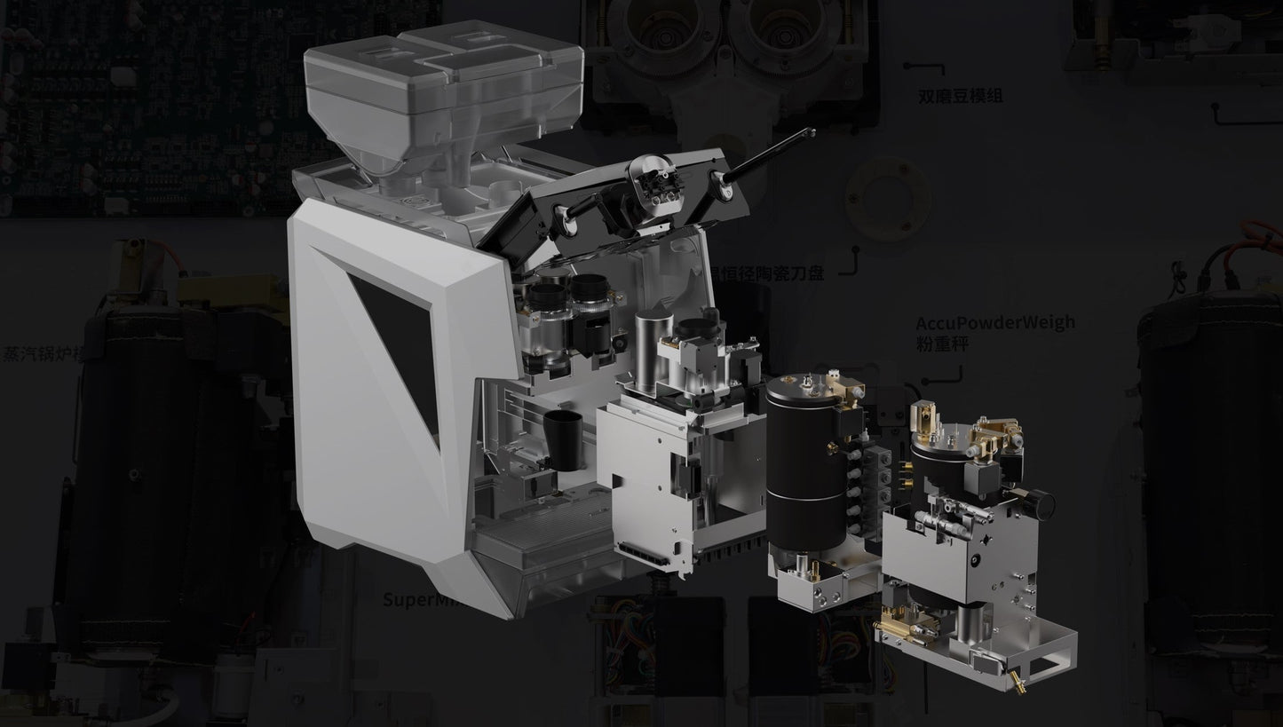 Caye X Complex mechanical assembly on a dark background