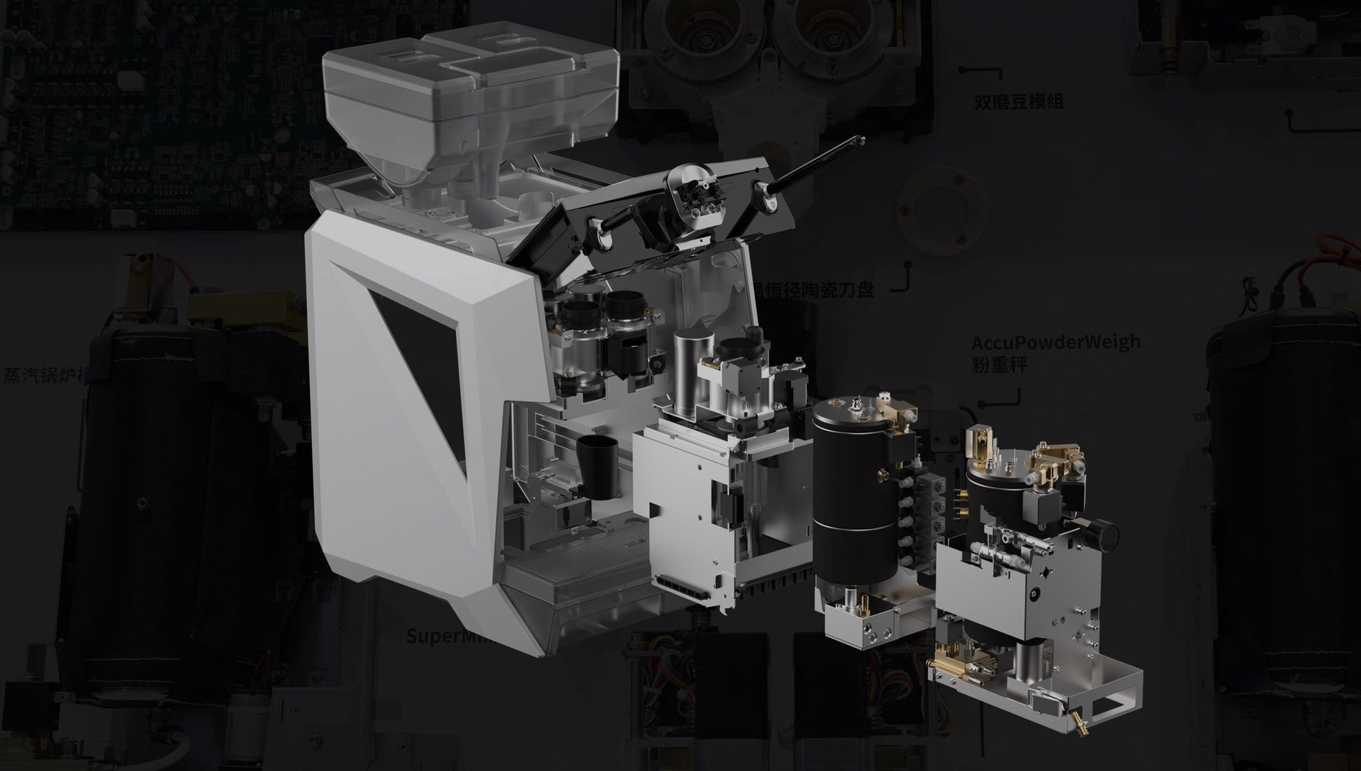 Caye X Complex mechanical assembly on a dark background