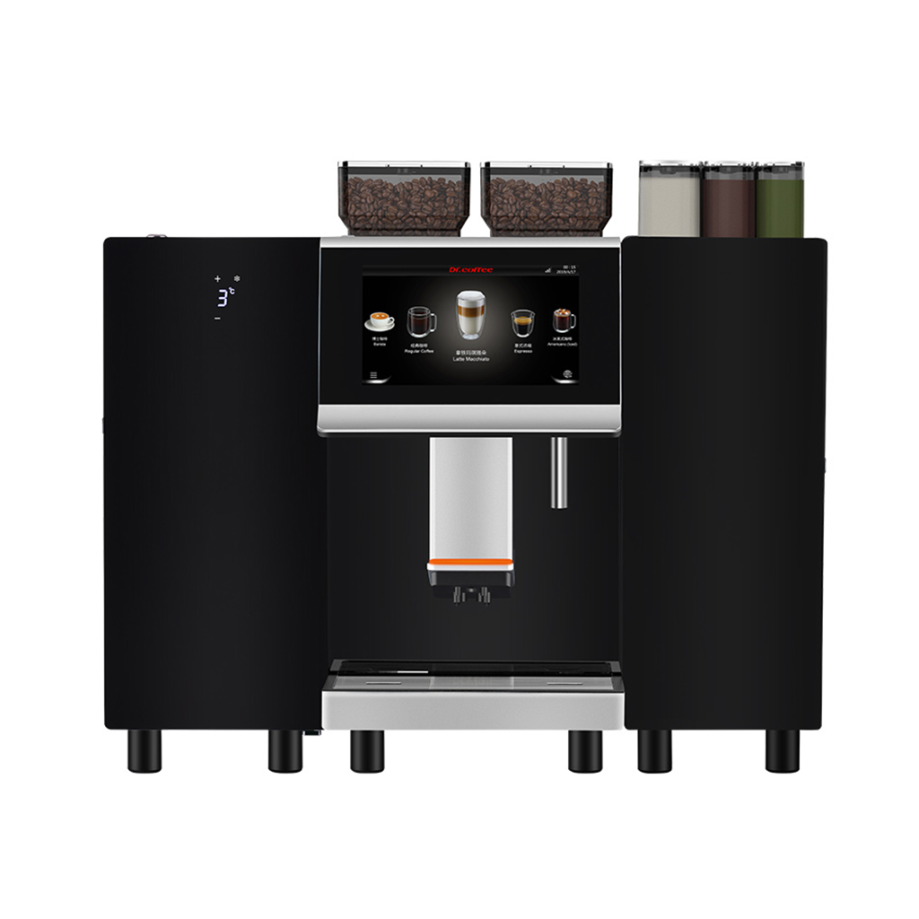 Black coffee machine with a digital display on a white background