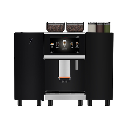 Black coffee machine with a digital display on a white background