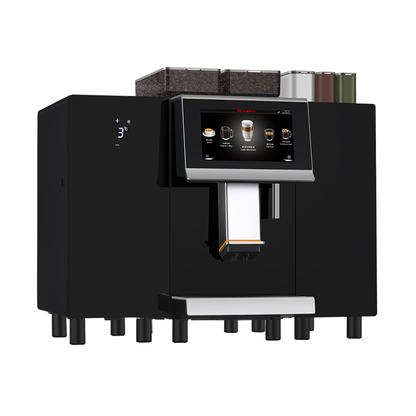Black coffee machine with a digital display on a white background