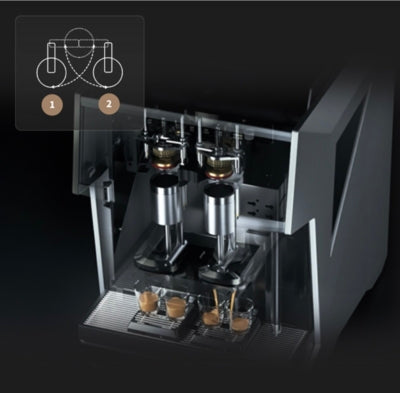 Caye X Master Coffee machine with brewing process diagram on a dark background