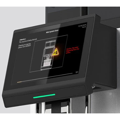 JL38 Touchscreen display on a machine with a warning icon and text.