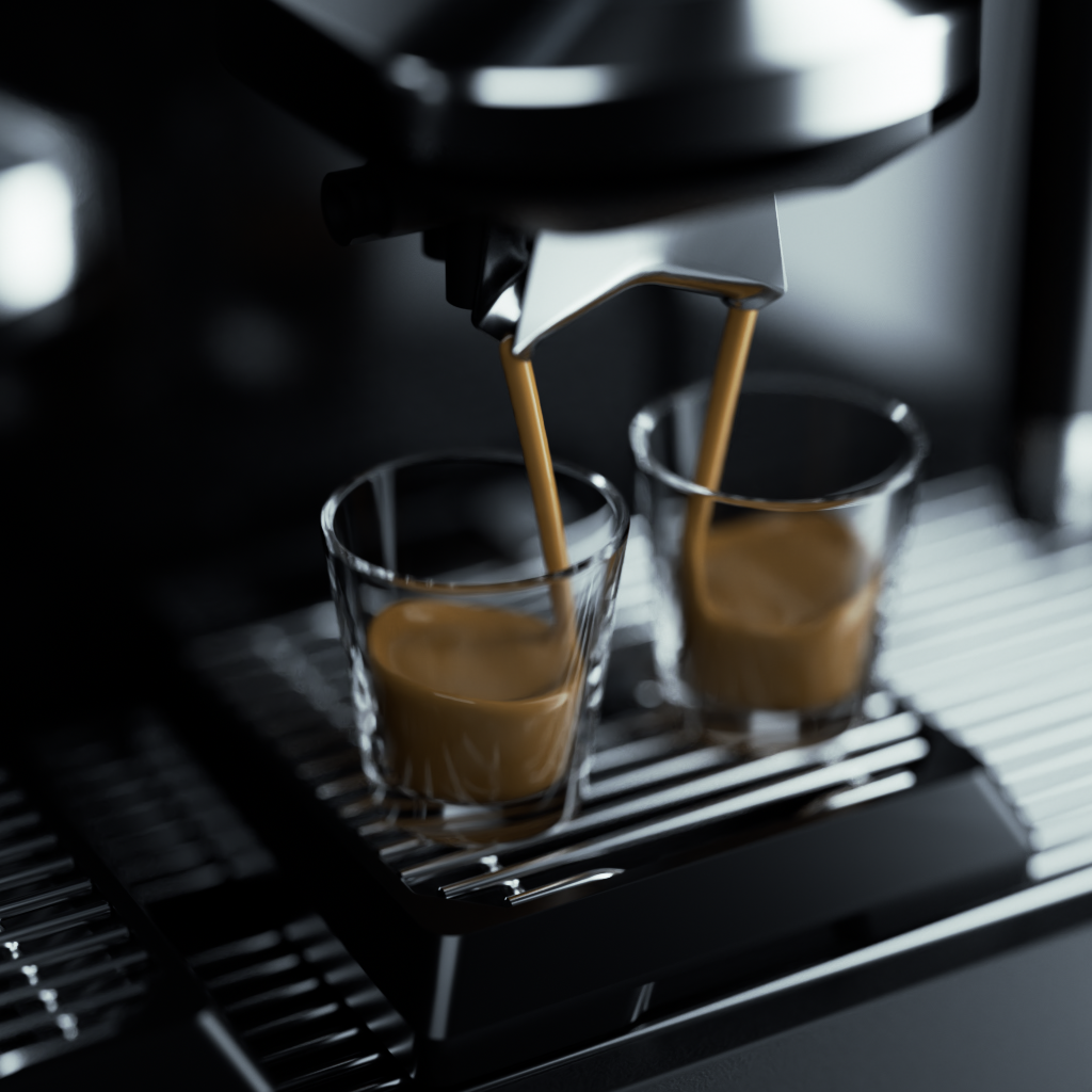 Caye X Master Espresso machine pouring coffee into two glass cups on a dark background