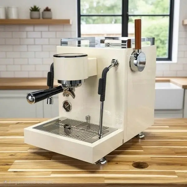 Turin-MC3 An off-white espresso machine with chrome and black accents, set on a wooden countertop in a bright kitchen environment.