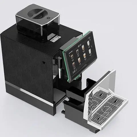 JL36 Black coffee machine with a drawer open on a light gray background. - Sip N Smile