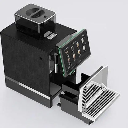 JL36 Black coffee machine with a drawer open on a light gray background. - Sip N Smile