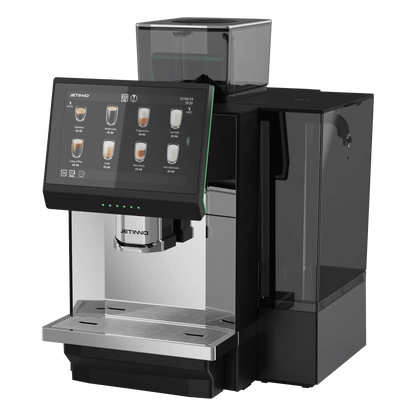 JL36 Black and silver coffee machine with digital display on a white background. - Sip N Smile