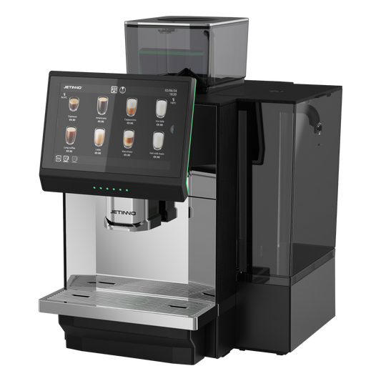 JL36 Black and silver coffee machine with digital display on a white background. - Sip N Smile