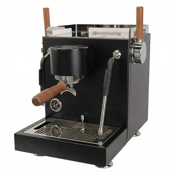 Turin-MC3Black espresso machine with wooden handles on a white background