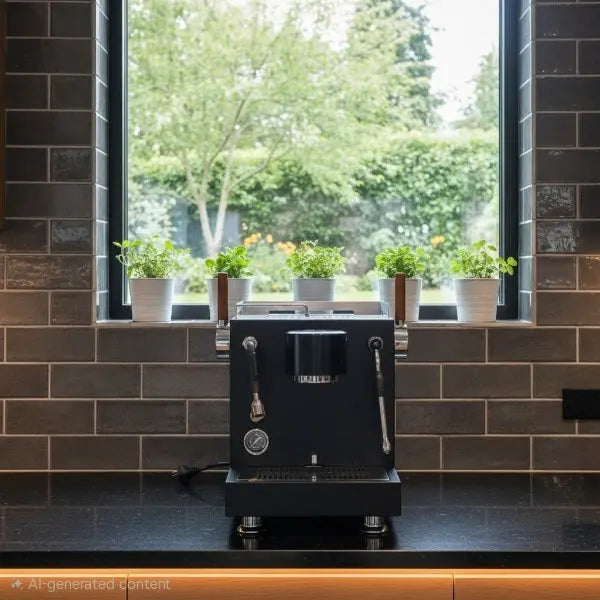 Turin-MC3A black espresso machine sits on a dark countertop in a kitchen setting, positioned in front of a window with a brick backsplash and potted plants outside.