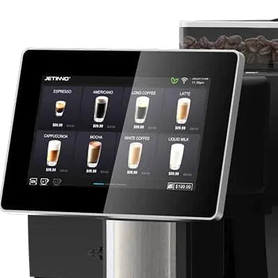 Touchscreen display on a coffee machine with coffee menu options. - Sip N Smile