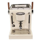 Turin-MC3 An espresso machine with a cream-colored body, polished chrome metal parts, and brown wooden handles on the side, shown against a plain white background.