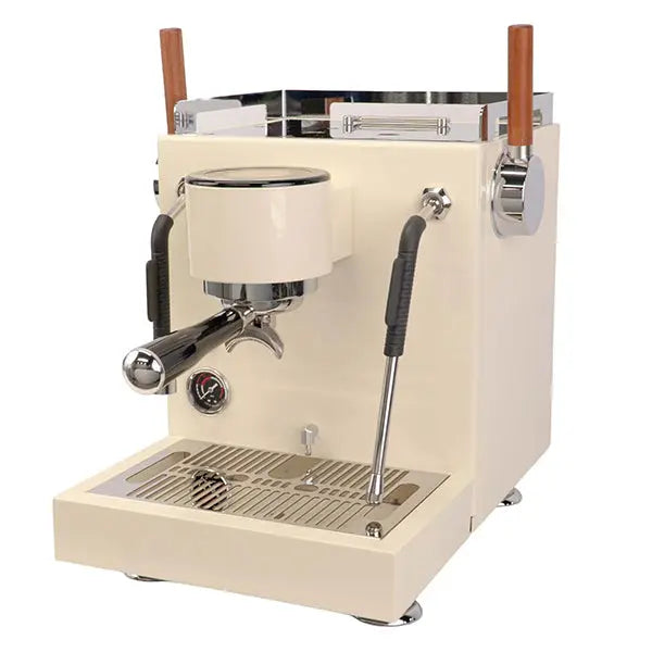 Turin-MC3 Cream-colored espresso machine with wooden handles on a white background