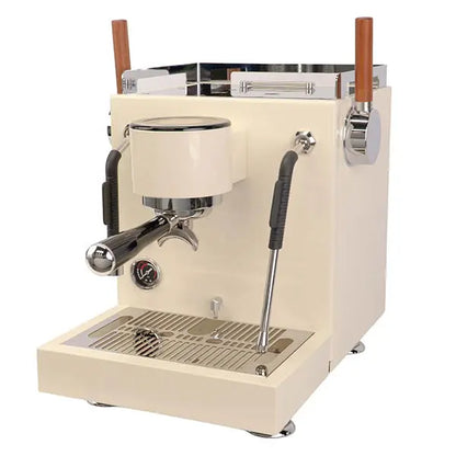 Turin-MC3 Cream-colored espresso machine with wooden handles on a white background