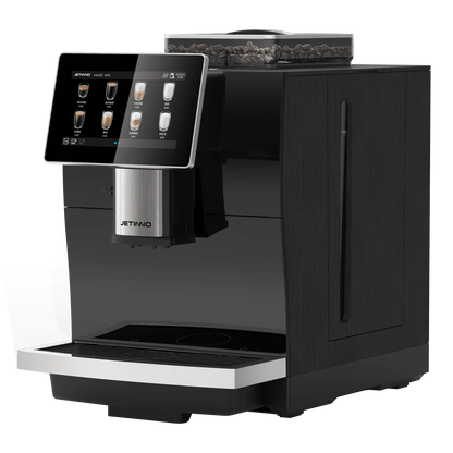 Black coffee machine with a digital display on a white background. - Sip N Smile