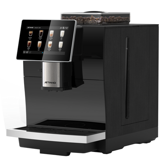 Black coffee machine with a digital display on a white background. - Sip N Smile