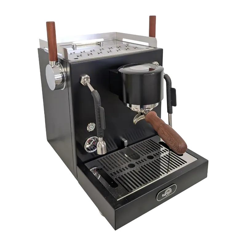 SNS-Turin-MC3 A black semi-automatic espresso machine with brown wooden handles, a stainless steel drip tray, and a portafilter, shown on a solid white background.