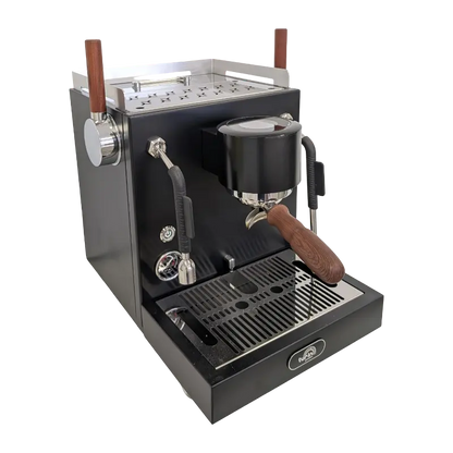 SNS-Turin-MC3 A black semi-automatic espresso machine with brown wooden handles, a stainless steel drip tray, and a portafilter, shown on a solid white background.