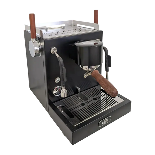 SNS-Turin-MC3 A black semi-automatic espresso machine with brown wooden handles, a stainless steel drip tray, and a portafilter, shown on a solid white background.